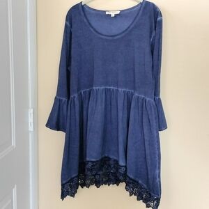 Indigo lace hem bell sleeves Hi Low blue Cotton tunic top L Whimsigoth